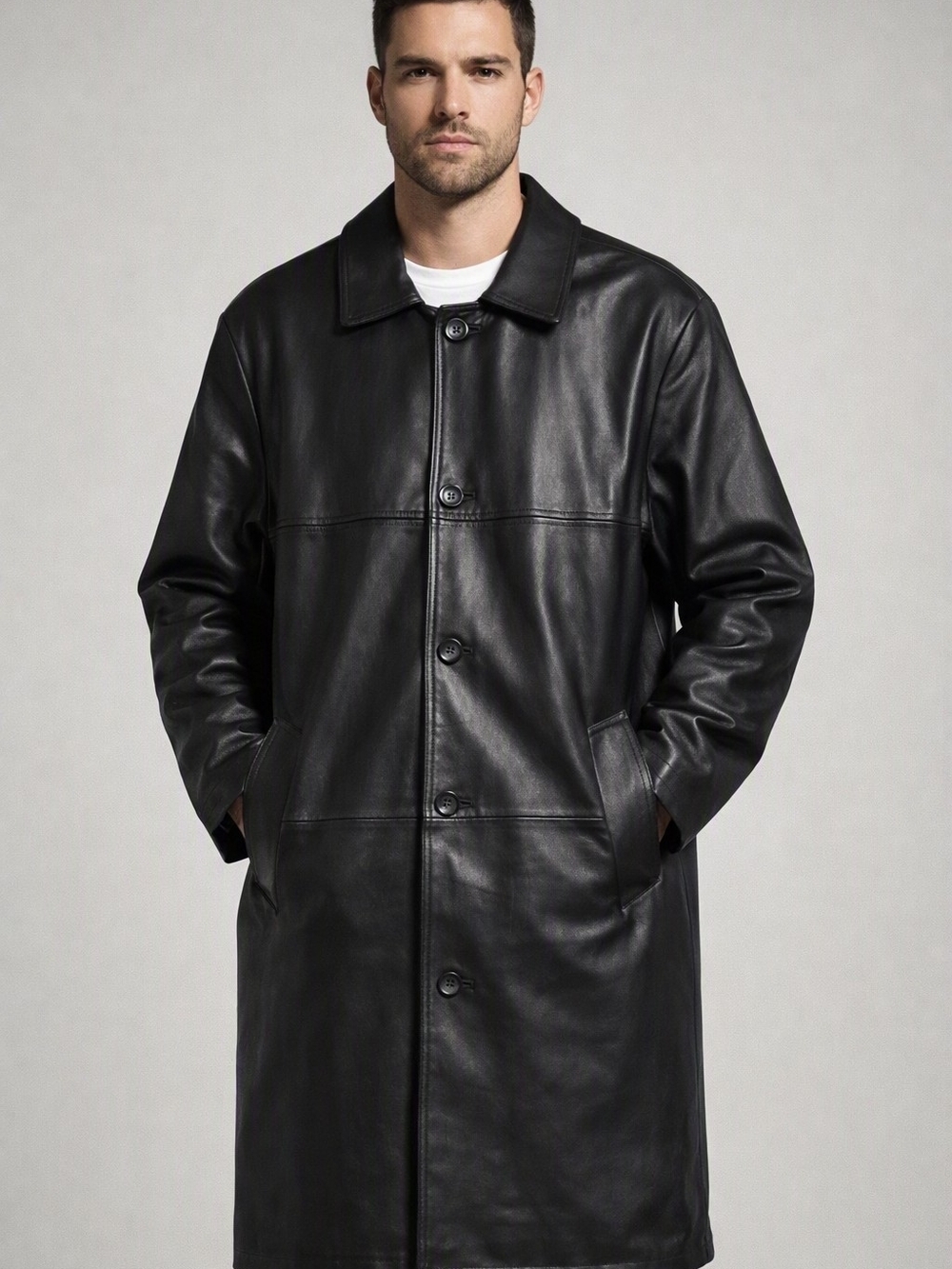 Boulevard Club Black Leather Coat Mens Small 38 Inch Length Button Front Trench